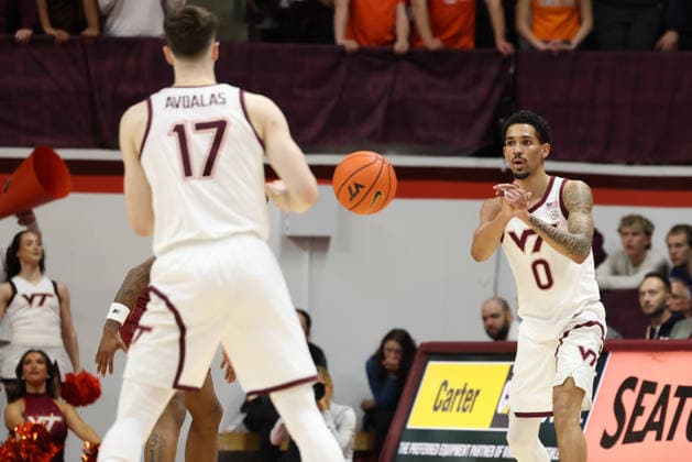 March 3, 2026: Virginia Tech Hokies guard Jailen Bedford (0) passes to guard Neoklis Avdalas (17) during the NCAA, College League, USA Mens Basketball game between Boston College Eagles and Virginia Tech Hokies at Cassell Coliseum in Blacksburg, Virginia. CSM Blacksburg USA - ZUMAc04_ 20260303_zma_c04_060 Copyright: xGregxAtkinsx