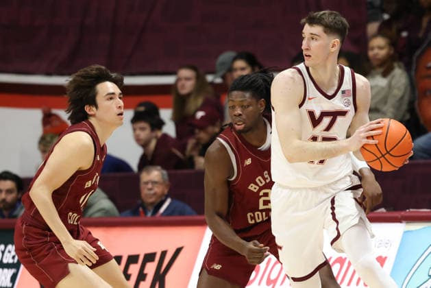 March 3, 2026: Virginia Tech Hokies guard Neoklis Avdalas (17) looks to pass around Boston College Eagles guard Luka Toews (10) during the NCAA, College League, USA Mens Basketball game between Boston College Eagles and Virginia Tech Hokies at Cassell Coliseum in Blacksburg, Virginia. CSM Blacksburg USA - ZUMAc04_ 20260303_zma_c04_062 Copyright: xGregxAtkinsx