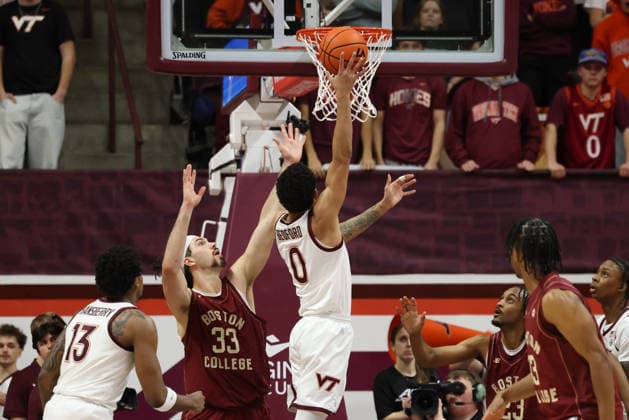 March 3, 2026: Virginia Tech Hokies guard Jailen Bedford (0) lays the ball up over Boston College Eagles center Boden Kapke (33) during the NCAA, College League, USA Mens Basketball game between Boston College Eagles and Virginia Tech Hokies at Cassell Coliseum in Blacksburg, Virginia. CSM Blacksburg USA - ZUMAc04_ 20260303_zma_c04_067 Copyright: xGregxAtkinsx