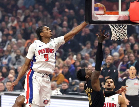 Detroit Piston s Ausar Thompson (9) blocks the shot of Cleveland Cavalier s Dennis Schroder (8) during the fourth quarter in Cleveland, Ohio Tuesday March 3, 2026. The Cavaliers defeated the Pistons 113-109.  CLE20260303116 AARONxJOSEFCZYK
