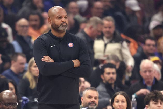 Detroit Piston s watches as the Pistons play the Cleveland Cavaliers during the second quarter in Cleveland, Ohio Tuesday March 3, 2026. The Cavaliers defeated the Pistons 113-109.  CLE20260303121 AARONxJOSEFCZYK
