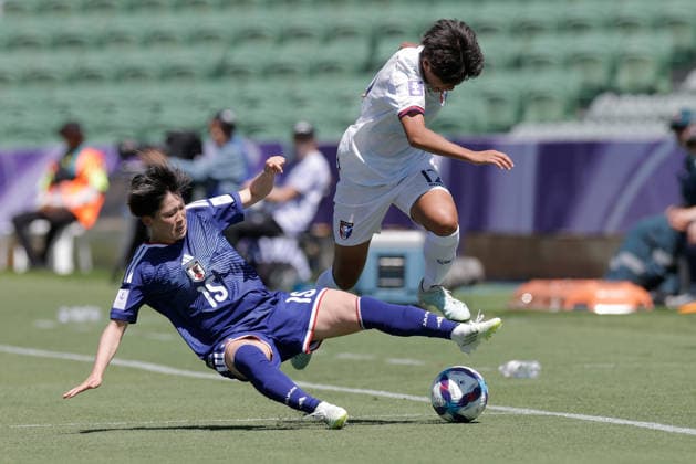 SOCCER ASIAN CUP JAPAN TAIWAN, Pu Hsin-Hui of Chinese Taipei is tackled by Aoba Fujino of Japan during the AFC Women™s Asian Cup Group C match between Japan and Taiwan at HBF Park in Perth, Wednesday, March 4, 2026. ( NO ARCHIVING, EDITORIAL USE ONLY PERTH WESTERN AUSTRALIA AUSTRALIA  Copyright: xRICHARDxWAINWRIGHTx 20260304134386474563
