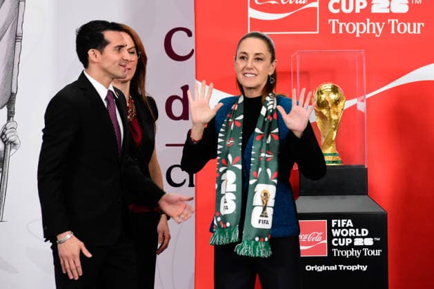 Mexico™s President Claudia Sheinbaum Holds World Cup Trophy Tour press conference, PK, Pressekonferenz Head of the National Sports Commission (CONADE) Rommel Pacheco, Mexico™s President Claudia Sheinbaum Pardo, and Mexican government s representative to FIFA Gabriela Cuevas Barron during a press conference for Original FIFA World Cup, WM, Weltmeisterschaft, Fussball trophy tour at the National Palace. on March 3, 2026 in Mexico City, Mexico. Mexico City CDMX Mexico Copyright: xLuisxBarronx