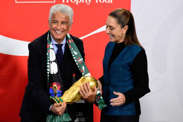 Mexico™s President Claudia Sheinbaum Holds World Cup Trophy Tour press conference, PK, Pressekonferenz former Brazilian footballer JosÃ Roberto Gama de Oliveira, known as Bebeto and Mexico™s President Claudia Sheinbaum Pardo hold the Original FIFA World Cup, WM, Weltmeisterschaft, Fussball trophy during a press conference at the National Palace. on March 3, 2026 in Mexico City, Mexico. Mexico City CDMX Mexico Copyright: xLuisxBarronx