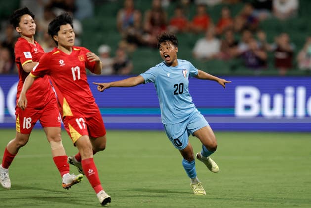 SOCCER ASIAN CUP VIETNAM INDIA, Sanfida Nongrum of India celebrates after scoring a goal during the AFC Women™s Asian Cup Group C match between Vietnam and India at HBF Park in Perth, Wednesday, March 4, 2026. ( NO ARCHIVING, EDITORIAL USE ONLY PERTH WESTERN AUSTRALIA AUSTRALIA  Copyright: xRICHARDxWAINWRIGHTx 20260304143258098483
