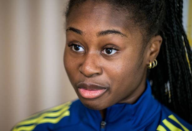 260304 Monica Jusu Bah during a mixed zone with the national women s football team of Sweden on March 4, 2026 in Reggio Calabria Photo Ludvig Thunman BILDBYRAN code LT LT0781 fotboll football soccer fotball vm kval kval fifa womens world cup qualifier qualifier mixed zone sverige sweden dam bbeng sverige sweden  Copyright: LUDVIGxTHUNMAN BB260304LT019