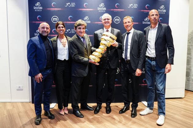 Paolo Bettini , Dalia Muccioli , Urbano Cairo, Massimo Doris, Maurizio Fondriest e Alessandro Ballan a Ieri Oggi e Domani, evento di rinnovo partnership tra RCS e Mediolanum per il Giro d™Italia, Milan (Italy) March 4, 2026 (Photo Claudio Furlan LaPresse)  Copyright: xClaudioxFurlan LaPressex