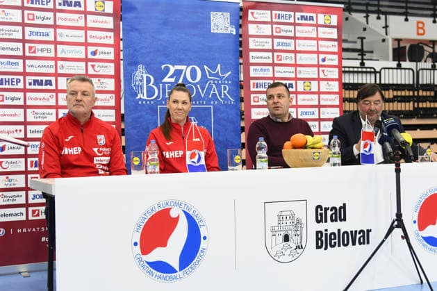 Croatia press: Women s EHF EURO 2026 Qualifiers Head Coach of Croatia Ivica Obrvan, player Dejana Milosavljevic, mayor of Bjelovar Dario Hrebak and Marketing Director of the Croatian Handball Federation Silvijo Njiric attend a press conference, PK, Pressekonferenz on March 4, 2026 in Bjelovar, Croatia ahead of The Women s EHF EURO 2026 Qualifier match between Croatia and France.  DamirxSpehar PIXSELL