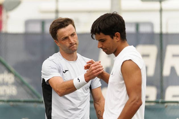 RECORD DATE NOT STATED ITF M25 Faro Men s Singles Tennis Tournament - 1st Round - Liam Broady (GBR) vs Francisco Rocha (POR), Faro, Portugal. March 4th, 2026. Clube de Tenis de Faro, Faro, Portugal. Liam Broady of Great Britain and Francisco Rocha of Portugal at the end of the ITF M25 Faro Men s Singles Tennis Tournament 1st Round, played in hard court with Wilson Roland Garros All Court Deca (Type 2) balls. Credit: Nuno Pires Veloso Alamy Live News. Copyright: xx