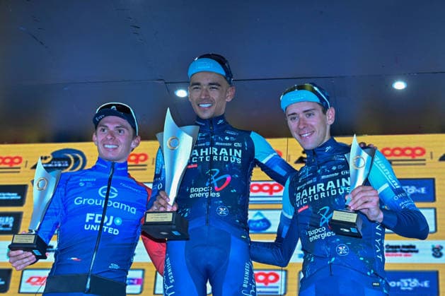 Romin Gregoire (GROUPAMA FDJ UNITED) 2Â° Classified - Santiago Buitrago (BAHRAIN VICTORIOUS) 1Â° classified - Antonio Tiberi (BAHRAIN VICTORIOUS) 3Â° classified during Trofeo Laigueglia 2026, Street Cycling race in Savona, Italy, March 04 2026  Copyright: xDaniloxVigo IPAxSportx xipa-agency.netx xx IPA_72372581 IPA_Agency_IPA72372581