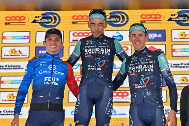 CICLISMO - Ciclismo Su Strada - Trofeo Laigueglia 2026 Romin Gregoire (GROUPAMA FDJ UNITED) 2Â° Classified - Santiago Buitrago (BAHRAIN VICTORIOUS) 1Â° classified - Antonio Tiberi (BAHRAIN VICTORIOUS) 3Â° classified during Trofeo Laigueglia 2026, Street Cycling race in Savona, Italy, March 04 2026 Savona Italy  Copyright: xIPAxSport ABACAx