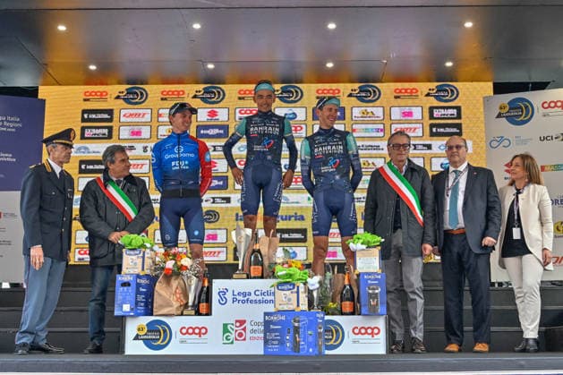 CICLISMO - Ciclismo Su Strada - Trofeo Laigueglia 2026 Romin Gregoire (GROUPAMA FDJ UNITED) 2Â° Classified - Santiago Buitrago (BAHRAIN VICTORIOUS) 1Â° classified - Antonio Tiberi (BAHRAIN VICTORIOUS) 3Â° classified during Trofeo Laigueglia 2026, Street Cycling race in Savona, Italy, March 04 2026 Savona Italy  Copyright: xIPAxSport ABACAx