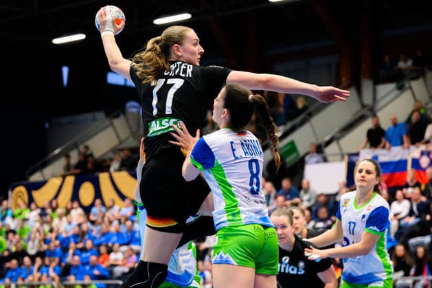 Handball, Womens European Championship Qualification, Slovenia Germany, 2nd round, Group 3, 3rd matchday from left in duel Ema Abina Slovenia and Viola Leuchter Germany Celje Slovenia