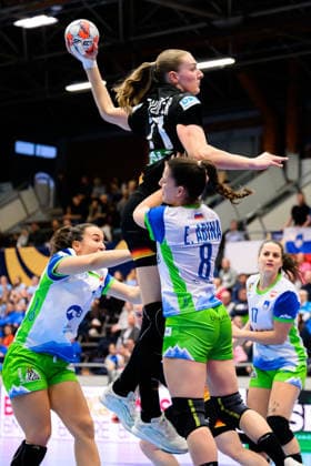 Handball, Womens European Championship Qualification, Slovenia Germany, 2nd round, Group 3, 3rd matchday from left in duel Ema Abina Slovenia and Viola Leuchter Germany Celje Slovenia
