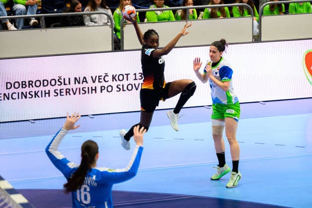 Handball, Women European Championship Qualification, Slovenia Germany, 2nd round, Group 3, 3rd matchday from left Goalkeeper Maja Vojnovic Slovenia , Farrelle Njinkeu Germany , Ema Hrvatin Slovenia Celje Slovenia