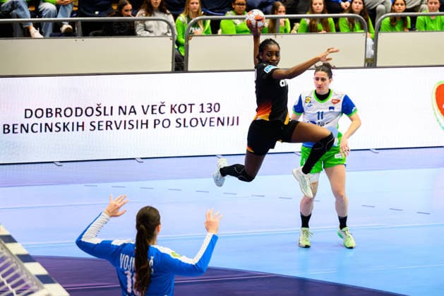 Handball, Women European Championship Qualification, Slovenia Germany, 2 Round, Group 3, Matchday 3 Goalkeeper Maja Vojnovic Slovenia , Farrelle Njinkeu Germany , Ema Hrvatin Slovenia Celje Slovenia