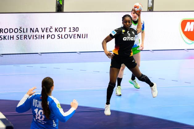 Handball, Women European Championship Qualification, Slovenia Germany, 2nd round, Group 3, 3rd matchday from left Goalkeeper Maja Vojnovic Slovenia , Farrelle Njinkeu Germany Celje Slovenia