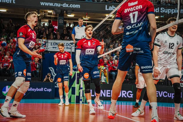 Volleyball Men CEV Cup 2026 SVG Lüneburg vs Alterna SPVB POITIERS 04 03 2026 Jackson Howe 6 SVG Lüneburg jubilant