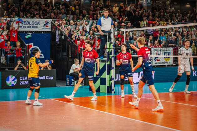 Volleyball Mens CEV Cup 2026 SVG Lüneburg vs Alterna SPVB POITIERS 04 03 2026 The SVG Lüneburg team celebrates
