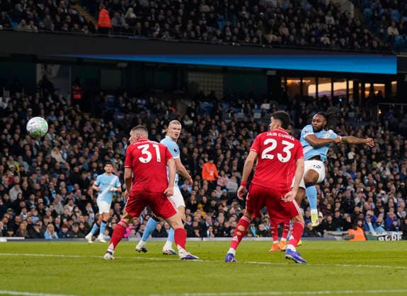 Manchester, England, 4th March 2026. Antoine Semenyo of Manchester City scores the first goal during the Manchester City vs Nottingham Forest Premier League match at the Etihad Stadium, Manchester. Picture credit should read: Andrew Yates Sportimage EDITORIAL USE ONLY. No use with unauthorised audio, video, data, fixture lists, club league logos or live services. Online in-match use limited to 120 images, no video emulation. No use in betting, games or single club league player publications. SPI_038_AY_Manchester_City_Forest SPI-4576-0037
