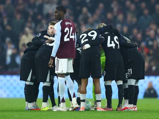Chelsea players stand over the ball for a team huddle before the second half kicks off Aston Villa v Chelsea, Premier League, Football, Villa Park, Birmingham, UK - 04 Mar 2026Birmingham Villa Park United Kingdom EDITORIAL USE ONLY No use with unauthorised audio, video, data, fixture lists, club league logos or live services. Online in-match use limited to 120 images, no video emulation. No use in betting, games or single club league player publications. Copyright: xMattxWest Shutterstockx 16720016ah