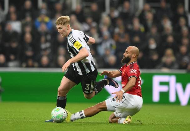 Bryan Mbeumo of Manchester United, ManU slides in with a challenge on Lewis Hall of Newcastle United Newcastle United v Manchester United, Premier League, Football, St James Park, Newcastle, UK - 04 Mar 2026Newcastle St James Park United Kingdom EDITORIAL USE ONLY No use with unauthorised audio, video, data, fixture lists, club league logos or live services. Online in-match use limited to 120 images, no video emulation. No use in betting, games or single club league player publications.  Copyright: xRichardxLee Shutterstockx 16723964aa