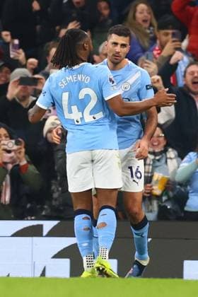 Rodri of Manchester City celebrates scoring to make it 2-1 Manchester City v Nottingham Forest, Premier League, Football, Etihad Stadium, Manchester, UK - 04 Mar 2026Manchester Etihad Stadium United Kingdom EDITORIAL USE ONLY No use with unauthorised audio, video, data, fixture lists, club league logos or live services. Online in-match use limited to 120 images, no video emulation. No use in betting, games or single club league player publications.  Copyright: xPaulxCurrie Shutterstockx 16720019bl