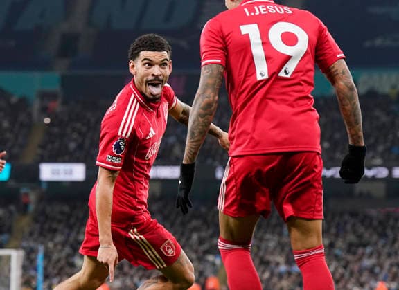 Manchester, England, 4th March 2026. Morgan Gibbs White of Nottingham Forest celebrates the equalising goal during the Manchester City vs Nottingham Forest Premier League match at the Etihad Stadium, Manchester. Picture credit should read: Andrew Yates Sportimage EDITORIAL USE ONLY. No use with unauthorised audio, video, data, fixture lists, club league logos or live services. Online in-match use limited to 120 images, no video emulation. No use in betting, games or single club league player publications. SPI_068_AY_Manchester_City_Forest SPI-4576-0067