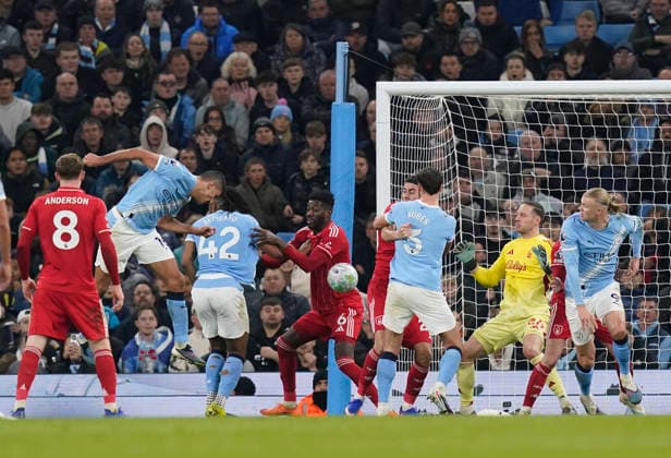 Manchester, England, 4th March 2026. Rodri of Manchester City heads their second goal during the Manchester City vs Nottingham Forest Premier League match at the Etihad Stadium, Manchester. Picture credit should read: Andrew Yates Sportimage EDITORIAL USE ONLY. No use with unauthorised audio, video, data, fixture lists, club league logos or live services. Online in-match use limited to 120 images, no video emulation. No use in betting, games or single club league player publications. SPI_072_AY_Manchester_City_Forest SPI-4576-0071