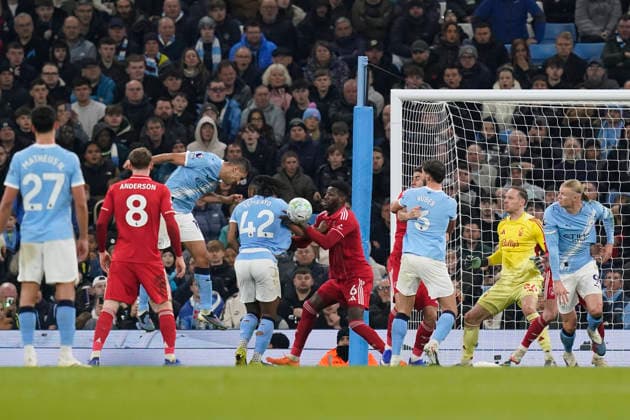 Manchester, England, 4th March 2026. Rodri of Manchester City heads their second goal during the Manchester City vs Nottingham Forest Premier League match at the Etihad Stadium, Manchester. Picture credit should read: Andrew Yates Sportimage EDITORIAL USE ONLY. No use with unauthorised audio, video, data, fixture lists, club league logos or live services. Online in-match use limited to 120 images, no video emulation. No use in betting, games or single club league player publications. SPI_073_AY_Manchester_City_Forest SPI-4576-0072