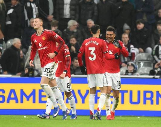 Casemiro of Manchester United, ManU celebrates scoring their first goal Newcastle United v Manchester United, Premier League, Football, St James Park, Newcastle, UK - 04 Mar 2026Newcastle St James Park United Kingdom EDITORIAL USE ONLY No use with unauthorised audio, video, data, fixture lists, club league logos or live services. Online in-match use limited to 120 images, no video emulation. No use in betting, games or single club league player publications.  Copyright: xRichardxLee Shutterstockx 16723964ah
