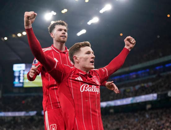 Manchester, England, 4th March 2026. Elliot Anderson of Nottingham Forest celebrates scoring their second equalising goal during the Manchester City vs Nottingham Forest Premier League match at the Etihad Stadium, Manchester. Picture credit should read: Andrew Yates Sportimage EDITORIAL USE ONLY. No use with unauthorised audio, video, data, fixture lists, club league logos or live services. Online in-match use limited to 120 images, no video emulation. No use in betting, games or single club league player publications. SPI_074_AY_Manchester_City_Forest SPI-4576-0073