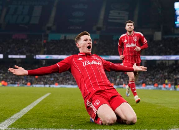 Manchester, England, 4th March 2026. Elliot Anderson of Nottingham Forest celebrates scoring their second equalising goal during the Manchester City vs Nottingham Forest Premier League match at the Etihad Stadium, Manchester. Picture credit should read: Andrew Yates Sportimage EDITORIAL USE ONLY. No use with unauthorised audio, video, data, fixture lists, club league logos or live services. Online in-match use limited to 120 images, no video emulation. No use in betting, games or single club league player publications. SPI_079_AY_Manchester_City_Forest SPI-4576-0078
