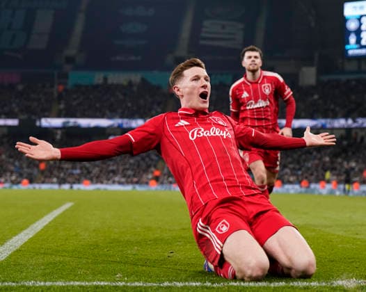 Manchester, England, 4th March 2026. Elliot Anderson of Nottingham Forest celebrates scoring their second equalising goal during the Manchester City vs Nottingham Forest Premier League match at the Etihad Stadium, Manchester. Picture credit should read: Andrew Yates Sportimage EDITORIAL USE ONLY. No use with unauthorised audio, video, data, fixture lists, club league logos or live services. Online in-match use limited to 120 images, no video emulation. No use in betting, games or single club league player publications. SPI_080_AY_Manchester_City_Forest SPI-4576-0079