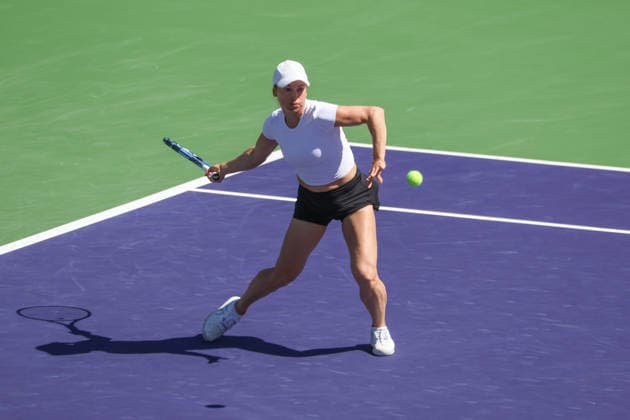 INDIAN WELLS, CA - MARCH 04: Yulia Putintseva (KAZ) hits a forehand during the BNP Paribas Open on March 4, 2026 at Indian Wells Tennis Garden in Indian Wells, CA. (Photo by George Walker Icon Sportswire) TENNIS: MAR 04 BNP Paribas Open EDITORIAL USE ONLY Icon260304011