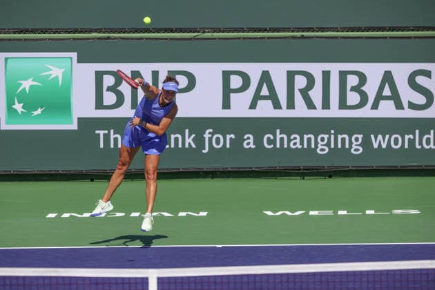 INDIAN WELLS, CA - MARCH 04: Tatjana Maria (GER) serves during the BNP Paribas Open on March 4, 2026 at Indian Wells Tennis Garden in Indian Wells, CA. (Photo by George Walker Icon Sportswire) TENNIS: MAR 04 BNP Paribas Open EDITORIAL USE ONLY Icon260304018