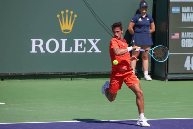 INDIAN WELLS, CA - MARCH 04: Mariano Navone (ARG) hits a forehand during the BNP Paribas Open on March 4, 2026 at Indian Wells Tennis Garden in Indian Wells, CA. (Photo by George Walker Icon Sportswire) TENNIS: MAR 04 BNP Paribas Open EDITORIAL USE ONLY Icon260304030