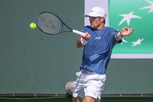 INDIAN WELLS, CA - MARCH 04: Marcos Giron (USA) hits a forehand during the BNP Paribas Open on March 4, 2026 at Indian Wells Tennis Garden in Indian Wells, CA. (Photo by George Walker Icon Sportswire) TENNIS: MAR 04 BNP Paribas Open EDITORIAL USE ONLY Icon260304043