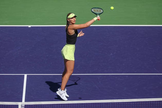 INDIAN WELLS, CA - MARCH 04: Paula Badosa (ESP) hits a volley during the BNP Paribas Open on March 4, 2026 at Indian Wells Tennis Garden in Indian Wells, CA. (Photo by George Walker Icon Sportswire) TENNIS: MAR 04 BNP Paribas Open EDITORIAL USE ONLY Icon260304004