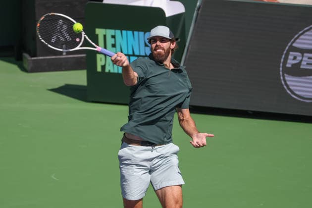 INDIAN WELLS, CA - MARCH 04: Reilly Opelka (USA) hits a forehand during the BNP Paribas Open on March 4, 2026 at Indian Wells Tennis Garden in Indian Wells, CA. (Photo by George Walker Icon Sportswire) TENNIS: MAR 04 BNP Paribas Open EDITORIAL USE ONLY Icon260304052