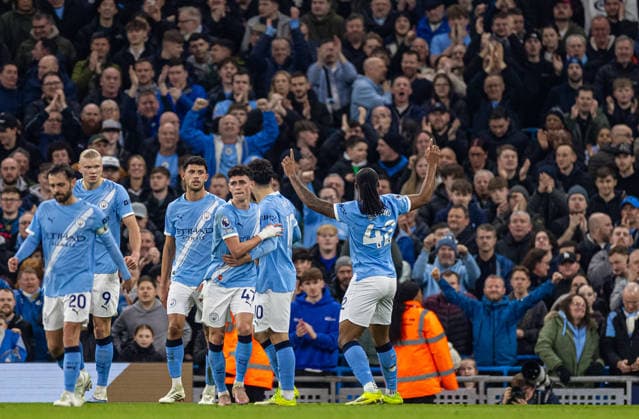 (260305) -- MANCHESTER, March 5, 2026 -- Manchester City s Antoine Semenyo (1st, R) celebrates after scoring the first goal during the English Premier League match between Manchester City FC and Nottingham Forest FC in Manchester, Britain, on March 4, 2026. FOR EDITORIAL USE ONLY. NOT FOR SALE FOR MARKETING OR ADVERTISING CAMPAIGNS. NO USE WITH UNAUTHORIZED AUDIO, VIDEO, DATA, FIXTURE LISTS, CLUB LEAGUE LOGOS OR LIVE SERVICES. ONLINE IN-MATCH USE LIMITED TO 45 IMAGES, NO VIDEO EMULATION. NO USE IN BETTING, GAMES OR SINGLE CLUB LEAGUE PLAYER PUBLICATIONS. (SP)BRITAIN-MANCHESTER-FOOTBALL-PREMIER LEAGUE-MANCHESTER CITY VS NOTTINGHAM FOREST LixYing 