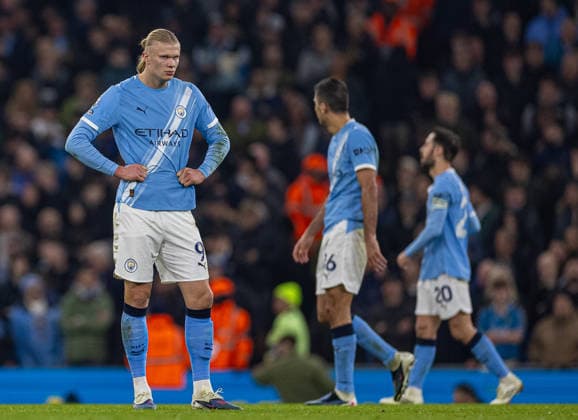 (260305) -- MANCHESTER, March 5, 2026 -- Manchester City s Erling Haaland reacts as Forest scores a second equalising goal during the English Premier League match between Manchester City FC and Nottingham Forest FC in Manchester, Britain, on March 4, 2026. FOR EDITORIAL USE ONLY. NOT FOR SALE FOR MARKETING OR ADVERTISING CAMPAIGNS. NO USE WITH UNAUTHORIZED AUDIO, VIDEO, DATA, FIXTURE LISTS, CLUB LEAGUE LOGOS OR LIVE SERVICES. ONLINE IN-MATCH USE LIMITED TO 45 IMAGES, NO VIDEO EMULATION. NO USE IN BETTING, GAMES OR SINGLE CLUB LEAGUE PLAYER PUBLICATIONS. (SP)BRITAIN-MANCHESTER-FOOTBALL-PREMIER LEAGUE-MANCHESTER CITY VS NOTTINGHAM FOREST LixYing 