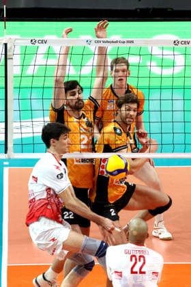 DEU, CEV Cup, BR Volleys vs Picenza Volleys, 04 03 2026, Max Schmeling Halle, Berlin, DEU, CEV Cup, BR Volleys vs Picenza Volleys, in the picture Jake Hanes BR Volleys 22 , Matthew Knigge BR Volleys 2 , Fedor Ivanov BR Volleys 33 , Mandiraci Efe Piacenza 9 , Gutierrez Miguel Piacenza 22 nordphotoxGmbHx xEngler nph00076