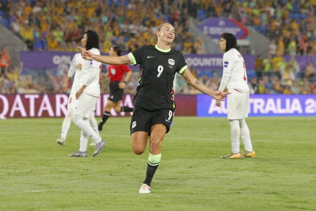 GOLD COAST, AUSTRALIA - MARCH 05 Caitlin Foord (9 Australia) celebrates after scoring a goal which is later disallowed during the Womens Asian Cup match between Islamic Republic of Iran and Australia at the Gold Coast Stadium on March 05 2026 in Gold Coast, Australia Copyright: xMatthewxStarlingx xSPPx Sportspressphoto_SPR102266