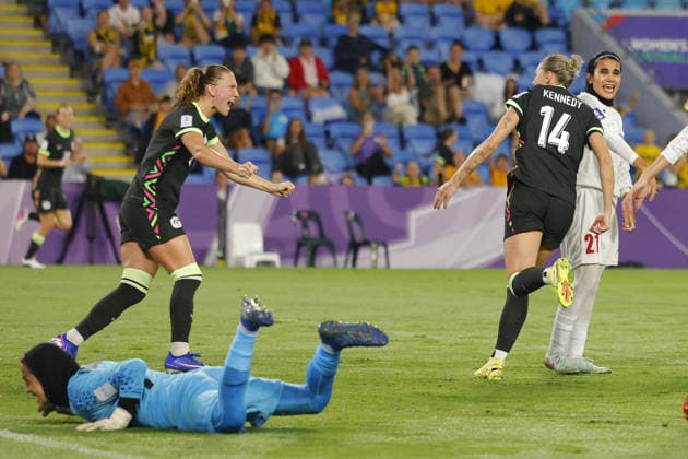 GOLD COAST, AUSTRALIA - MARCH 05 Alanna Kennedy (14 Australia) turns away to celebrates after scoring a goal during the Womens Asian Cup match between Islamic Republic of Iran and Australia at the Gold Coast Stadium on March 05 2026 in Gold Coast, Australia Copyright: xMatthewxStarlingx xSPPx Sportspressphoto_SPR102275