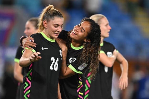 SOCCER ASIAN CUP IRAN AUSTRALIA, Remy Siemsen (left) and Mary Fowler of Australia celebrate following the AFC Women™s Asian Cup Group A match between Iran and Australia at Cbus Super Stadium on the Gold Coast, Thursday, March 5, 2026. ( NO ARCHIVING, EDITORIAL USE ONLY GOLD COAST QUEENSLAND AUSTRALIA  Copyright: xDAVExHUNTx 20260305189665556671
