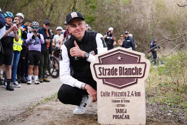 Tadej Pogacar alla cerimonia di dedica del tratto di Colle Pinzuto a Tadej Pogacar, celebre salita sterrata nota per essere uno dei settori chiave della gara cicliastica Strade Bianche, a Siena (Italia) 5 marzo 2026 - ciclismo. (Foto Massimo Paolone LaPresse) The ceremony to dedicate the Colle Pinzuto section to Tadej Pogacar, a famous dirt road climb known for being one of the key sections of the Strade Bianche cycling race, in Siena (Italy) on March 5, 2026 - sports, cycling.  Copyright: xMassimoxPaolone LaPressex