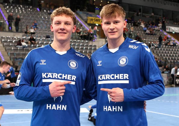 05 03 2026, Germany, Stuttgart, Handball Bundesliga, TVB Stuttgart vs THW Kiel, f l Max Heydecke and Linus Schmid TVB