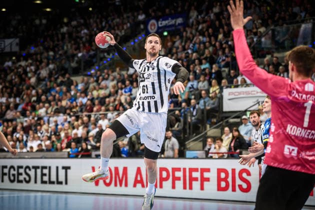 Hendrik Pekeler THW Kiel, 61 vs Mateusz Kornecki TVB Stuttgart, 01 GER, TVB Stuttgart THW Kiel, DAIKIN HBL, Handball, Bundesliga, 24 Matchday, Season 2025 2026, 05 03 2026 GER, TVB Stuttgart THW Kiel, DAIKIN HBL, Handball, Bundesliga, 24 Matchday, Season 2025 2026, 05 03 2026 Stuttgart Copyright: xSandyxDinkelackerx EP_SDR
