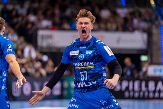 DAIKIN Handball Bundesliga TVB Stuttgart vs THW Kiel 05 03 2026 Stuttgart, GERMANY 05 March 2026 Jakob Nigg TVB Stuttgart, 57 celebrating a goal during the match between TVB Stuttgart and THW Kiel on matchday 24 of the Daikin Handball Bundesliga at the Porsche Arena Copyright: xBEAUTIFULxSPORTS Steinx